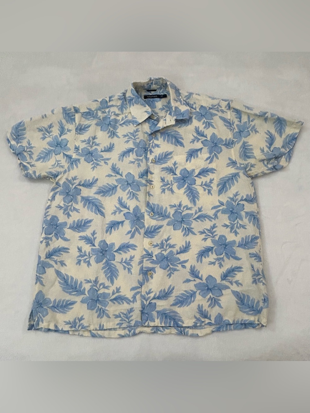 Nautica Cream Blue Linen-Cotton Hawaiian Flower Classic Fit Button Up Shirt Sz L
